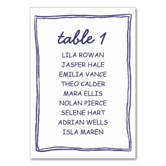 Modern Blue Doodle Wedding Seating Chart Card Tischnummer (Vorderseite)