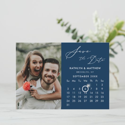 Modern Blue Elegante Script Custom Calendar Foto Save The Date (Stehend Vorderseite)