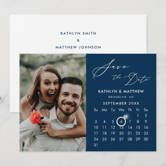 Modern Blue Elegante Script Custom Calendar Foto Save The Date (Vorne/Hinten)