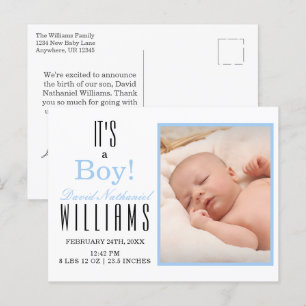 Modern Blue Es ist ein Junge! Baby Birth Announcem Postkarte