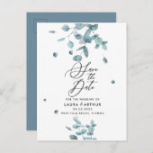 Modern Blue Eucalyptus Wedding Save the Date Ankündigungspostkarte (Vorne/Hinten)