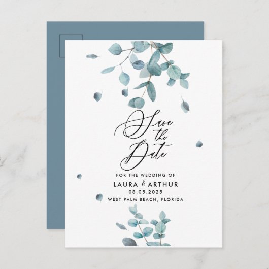 Modern Blue Eucalyptus Wedding Save the Date Ankündigungspostkarte (Vorne/Hinten)