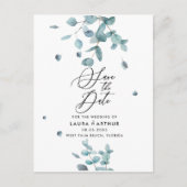 Modern Blue Eucalyptus Wedding Save the Date Ankündigungspostkarte (Vorderseite)