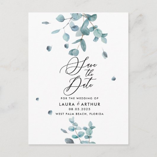 Modern Blue Eucalyptus Wedding Save the Date Ankündigungspostkarte (Vorderseite)
