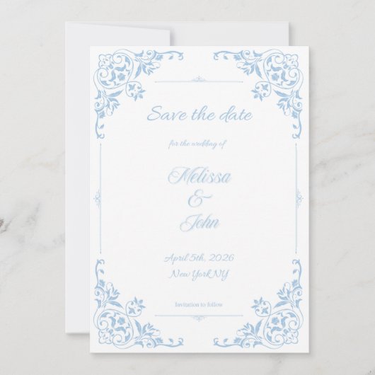 Modern Blue Filigree French Country Save the Date Einladung (Vorderseite)