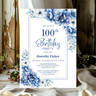 Modern Blue Floral 100. Geburtstagsparty Einladung