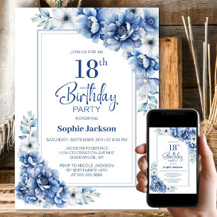 Modern Blue Floral 18. Geburtstagsparty Einladung