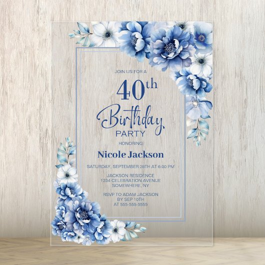 Modern Blue Floral 40. Geburtstag Party Acryleinladungen