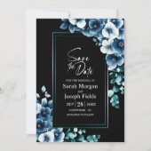 Modern Blue Floral Black Save the Date Einladung (Vorderseite)