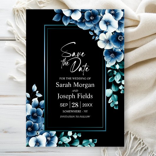Modern Blue Floral Black Save the Date Einladung