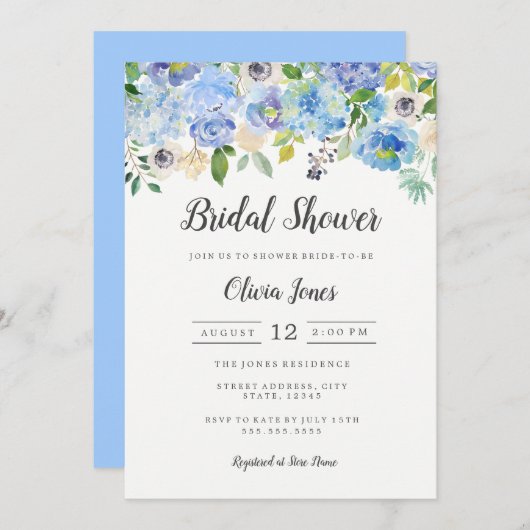 Modern Blue Floral Brautparty Card Einladung (Vorne/Hinten)