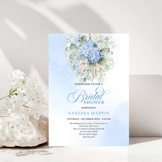 Modern Blue Floral Bridal Shower Gold Invitation Einladung