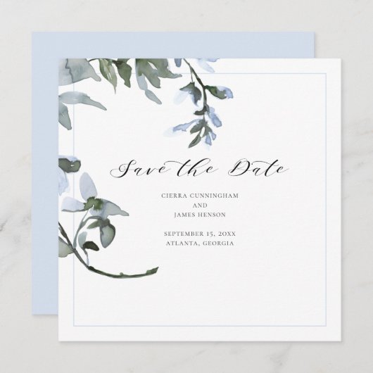 Modern Blue Floral Calligraphy Save the Date Card (Vorne/Hinten)