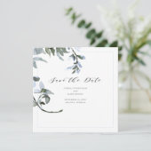 Modern Blue Floral Calligraphy Save the Date Card (Stehend Vorderseite)