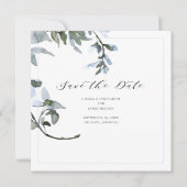 Modern Blue Floral Calligraphy Save the Date Card (Vorderseite)