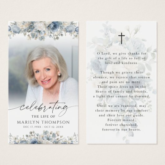 Modern Blue Floral Cross Prayer Card (Vorne & Hinten)
