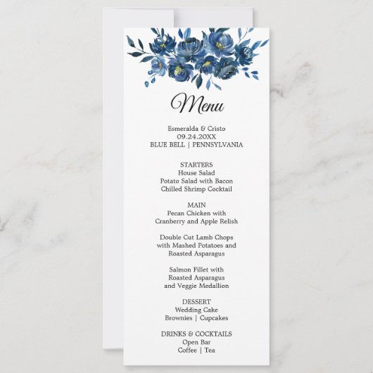 Modern Blue Floral Dinner Menu Card Einladung (Vorderseite)