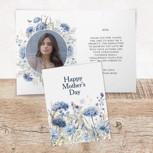 Modern Blue Floral Foto Happy Mother Day Card Karte