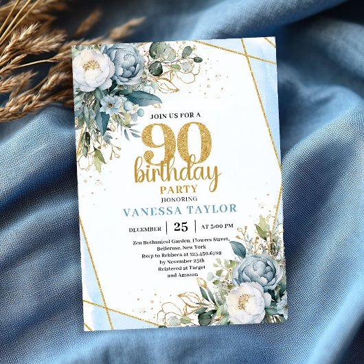 Modern Blue Floral Gold Frame 90th Birthday Invite Einladung