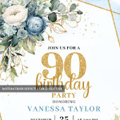 Modern Blue Floral Gold Frame 90th Birthday Invite Einladung