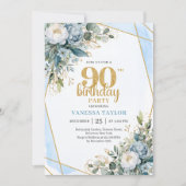 Modern Blue Floral Gold Frame 90th Birthday Invite Einladung (Vorderseite)