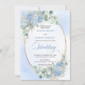Modern Blue Floral Gold Oval Wedding Invite Einladung (Vorderseite)