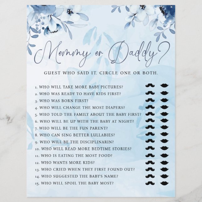 Modern Blue Floral Mommy oder Daddy Baby Shower Ga (Vorderseite)
