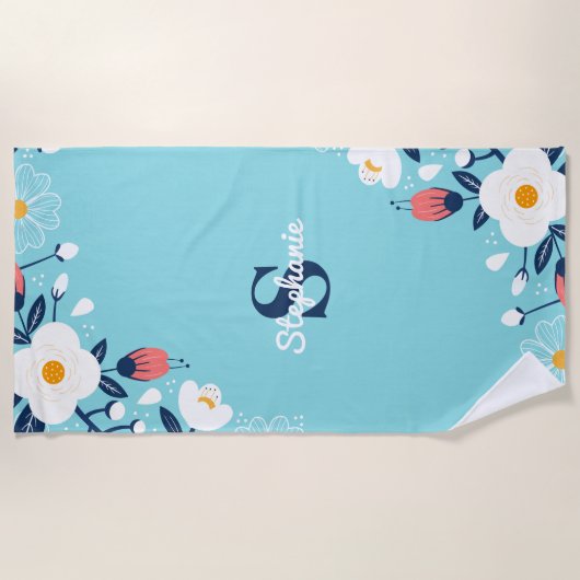 Modern Blue Floral Monogram Strandtuch (Vorderseite)