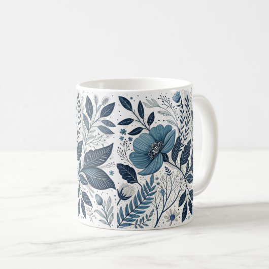 Modern Blue Floral Pattern Mug Kaffeetasse (VorderseiteRechts)
