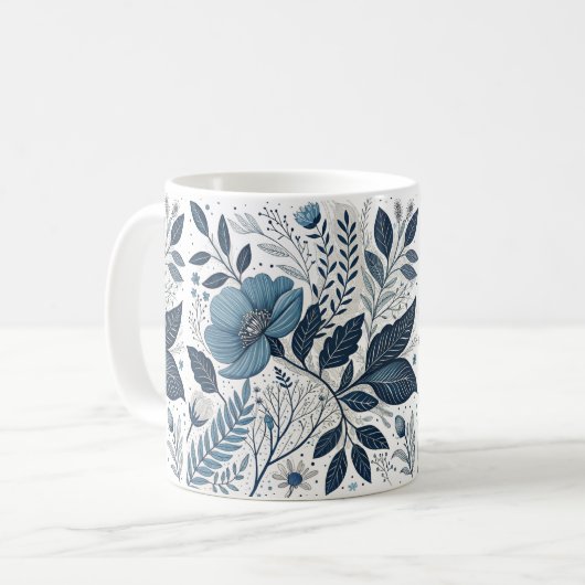 Modern Blue Floral Pattern Mug Kaffeetasse (Vorderseite Links)