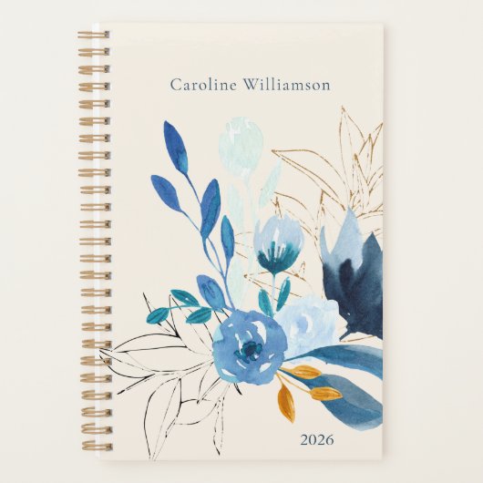 Modern Blue Floral Personalisiert 2025 Undated Planer (Vorderseite)
