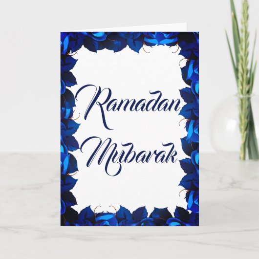 Modern Blue Floral Ramadan Mubarak Karte (Vorderseite)