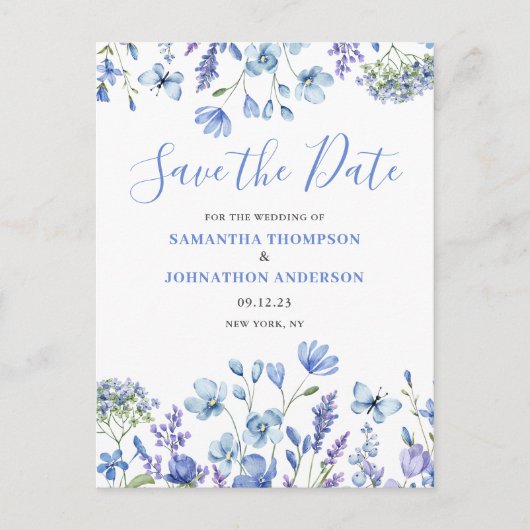 Modern Blue Floral Save the Date Ankündigungspostkarte (Vorderseite)