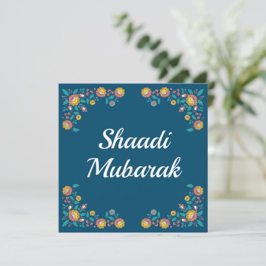 Modern Blue Floral Shaadi Mubarak Card (Stehend Vorderseite)
