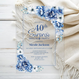 Modern Blue Floral Überraschung 40. Geburtstag Par Acryleinladungen