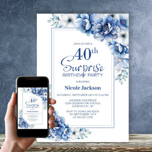 Modern Blue Floral Überraschung 40. Geburtstag Par Einladung