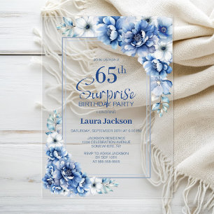 Modern Blue Floral Überraschung 65. Geburtstagspar Acryleinladungen