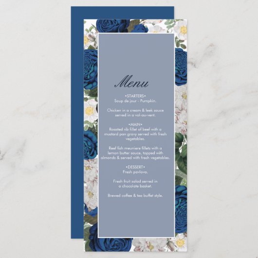 Modern Blue Floral Watercolor Menükarte (Vorne/Hinten)