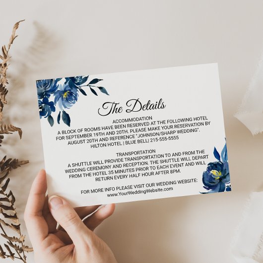 Modern Blue Floral Wedding Details Beilage Karte
