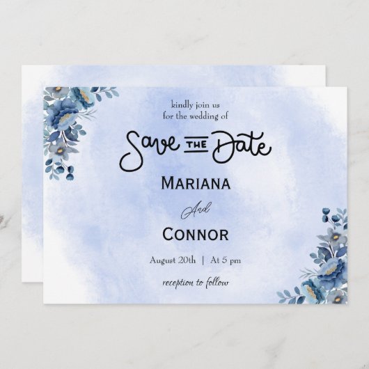 Modern Blue Floral Wedding Save the Date Einladung (Vorne/Hinten)