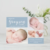 Modern Blue Foto Collage Baby Boy Birth Ankündigung (Stehend Vorderseite)