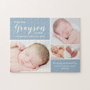 Modern Blue Foto Collage Baby Boy Birth Stats Puzzle