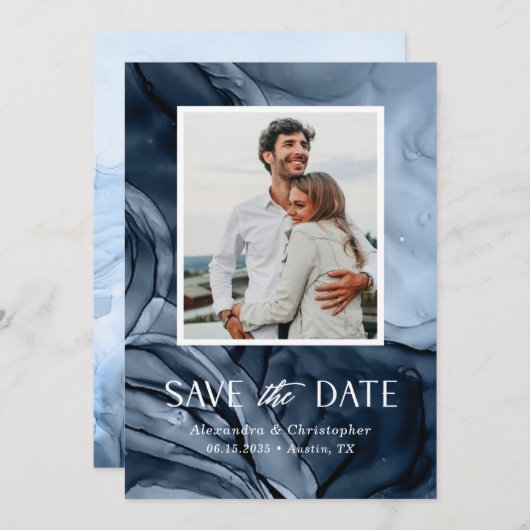 Modern Blue Foto Flat Save the Date Card (Vorne/Hinten)