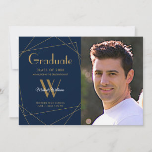 Modern Blue Foto Monogram Geometric Abschluss Ankündigung