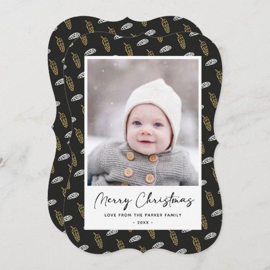 Modern Blue Fun Script Gold Pine Cone Weihnachten (Vorne/Hinten)