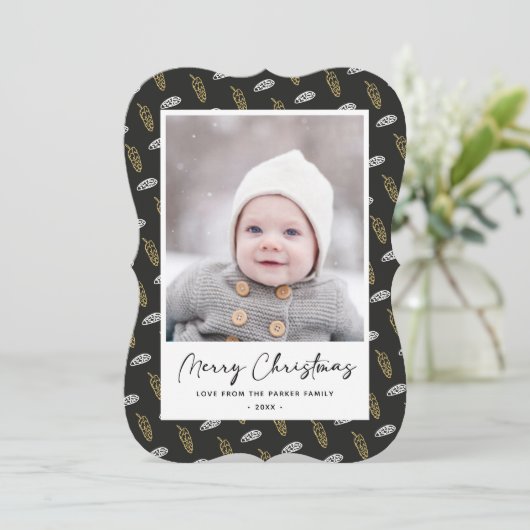 Modern Blue Fun Script Gold Pine Cone Weihnachten (Stehend Vorderseite)