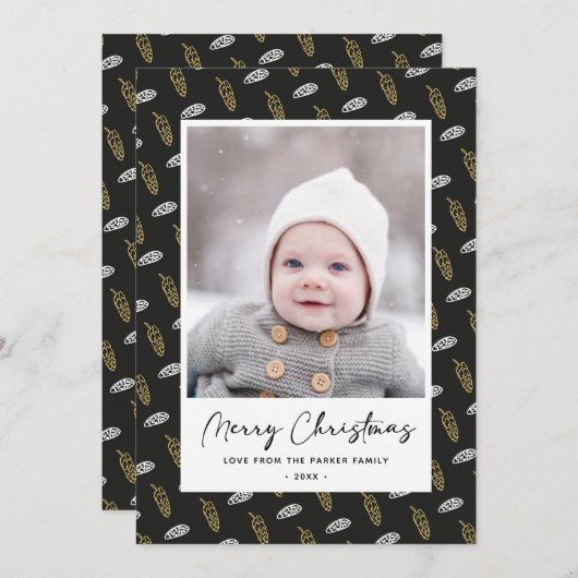 Modern Blue Fun Script Gold Pine Cone Weihnachten (Vorne/Hinten)