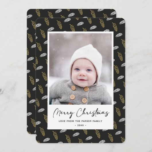 Modern Blue Fun Script Gold Pine Cone Weihnachten (Vorne/Hinten)