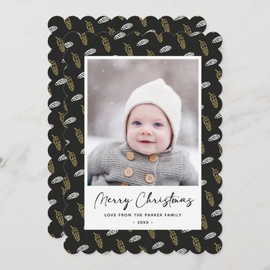 Modern Blue Fun Script Gold Pine Cone Weihnachten (Vorne/Hinten)