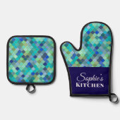 Modern Blue Geometric Personalized Ofenhandschuh & Topflappen-Set (Vorderseite)